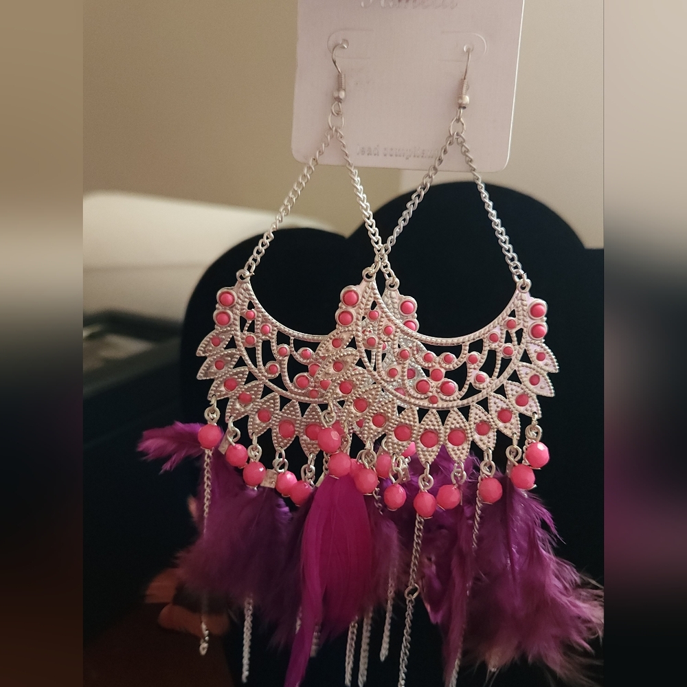 Pink and Purple Feather Dangle Earrings